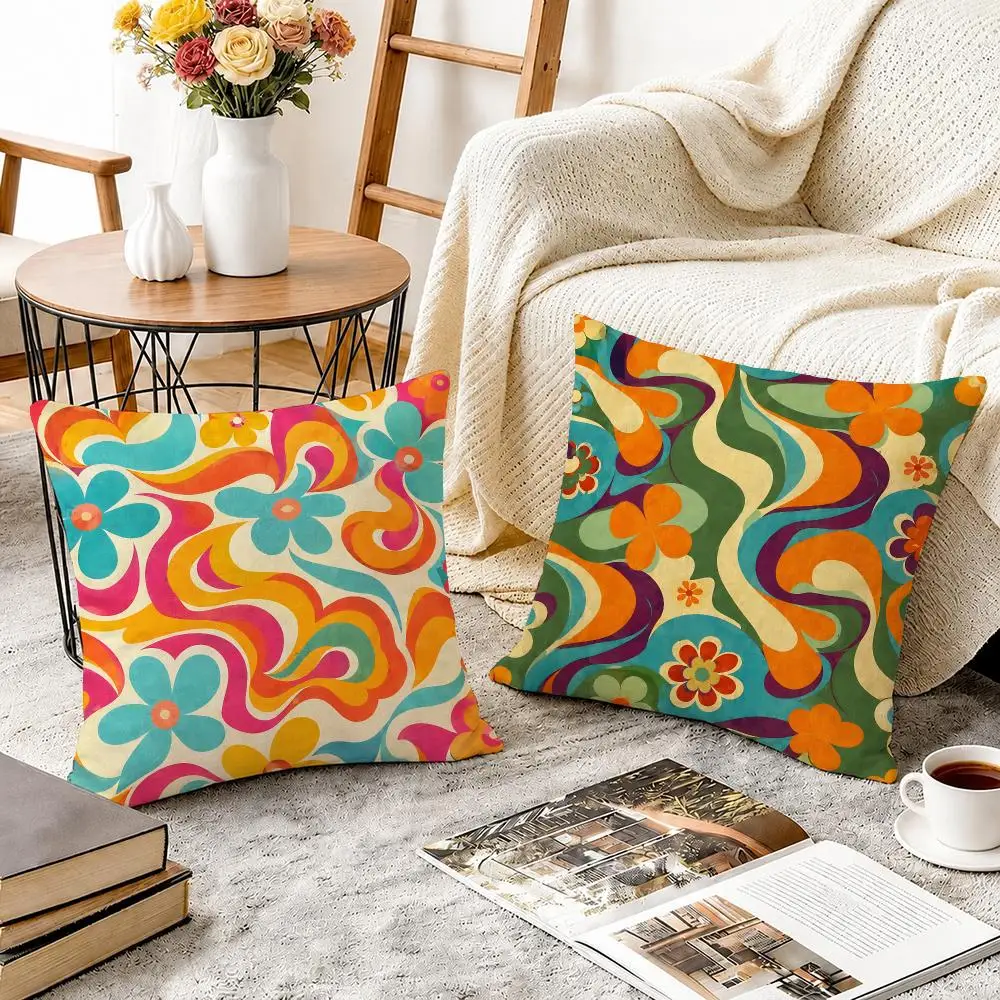 Groovy Retro Flowers Cushion Cover Breathable Cool Natural Durable Linen Printed Pillow Case Decor Sofa Bedroom