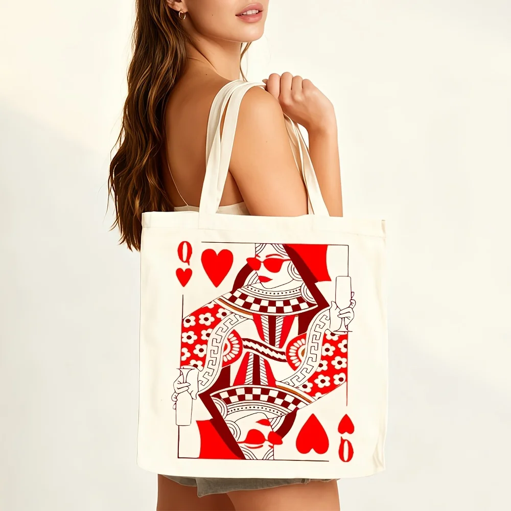 Queen Of Hearts Playing Card Canvas Tote Bag, Casual Handbag for Daily Shopping School Travel