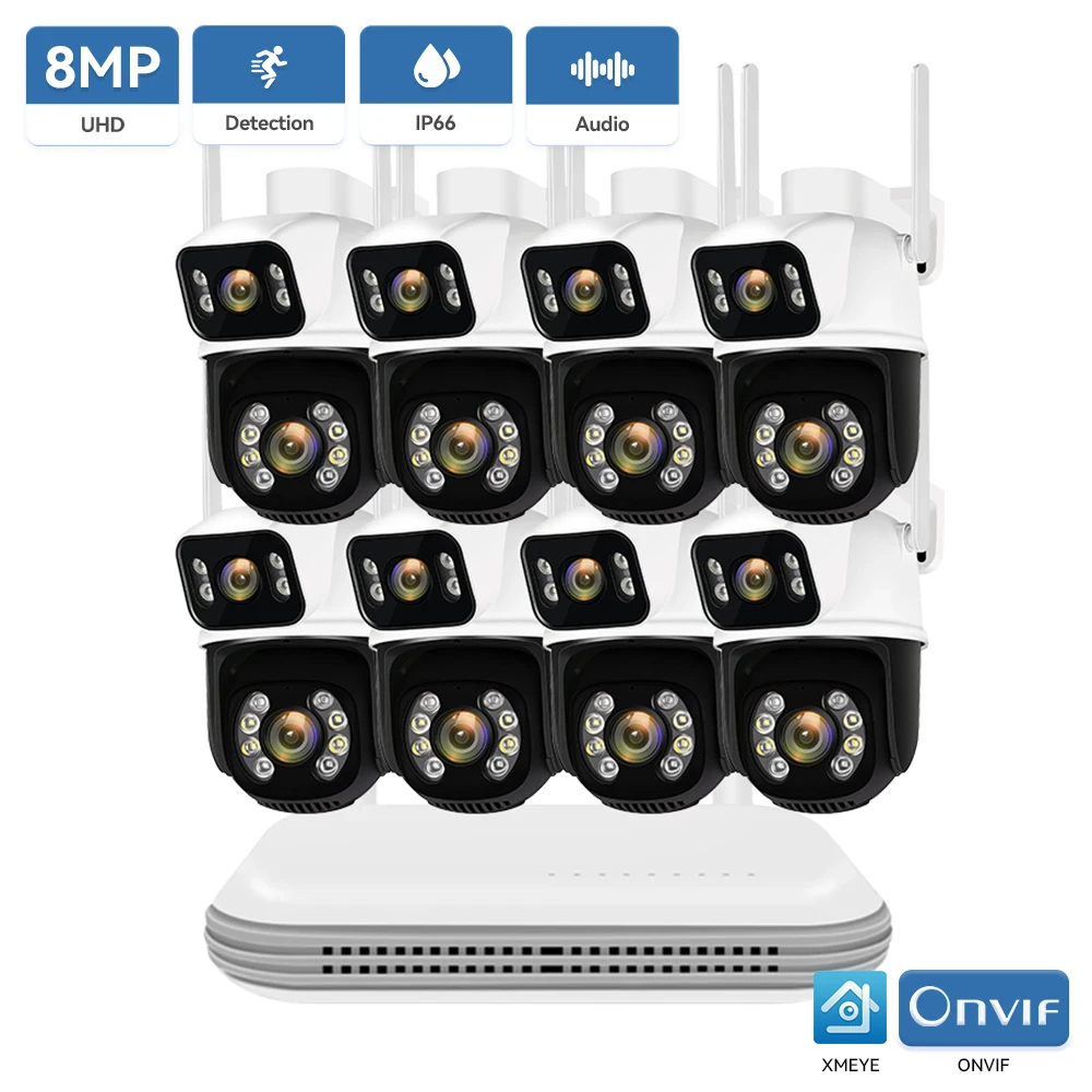 8MP PTZ WIFI Camera Kit Dual Lens PTZ IP Camera Smart Home Night Vision ICSEE APP NVR Outdoor 10CH Wireless CCTV Camera System