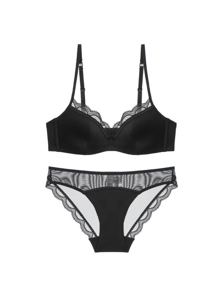 YUQI Sommer-BH-Set aus nahtloser Spitze für kleine Brüste, weicher Draht, Anti-Durchhängen, schlankmachendes Bralette und Höschen, leichtes Dessous-Sexy-Set