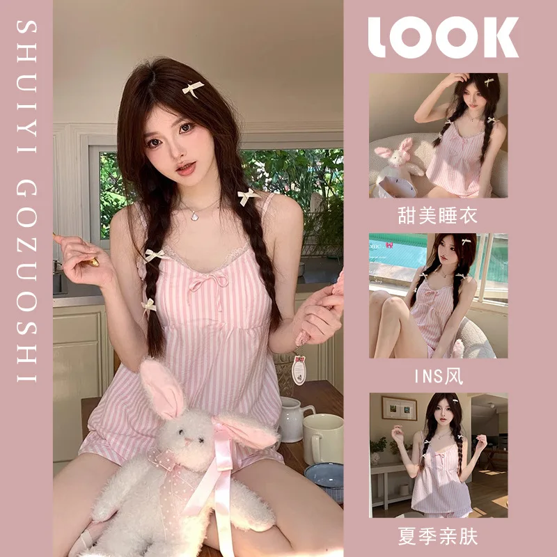 Women's Sweet Striped Pajamas Set Spaghetti Strap Top and Shorts Sleepwear 2 Piece Set for Women Cute Bow Homewear