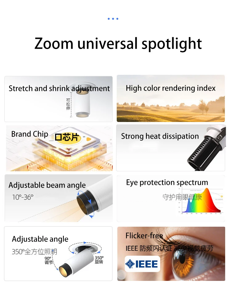 Led Spotlights Zoom Telescopic Spot Light Recessed Small Adjustable Beam Angle Focus Lighting Fixture For Art Painting Museum