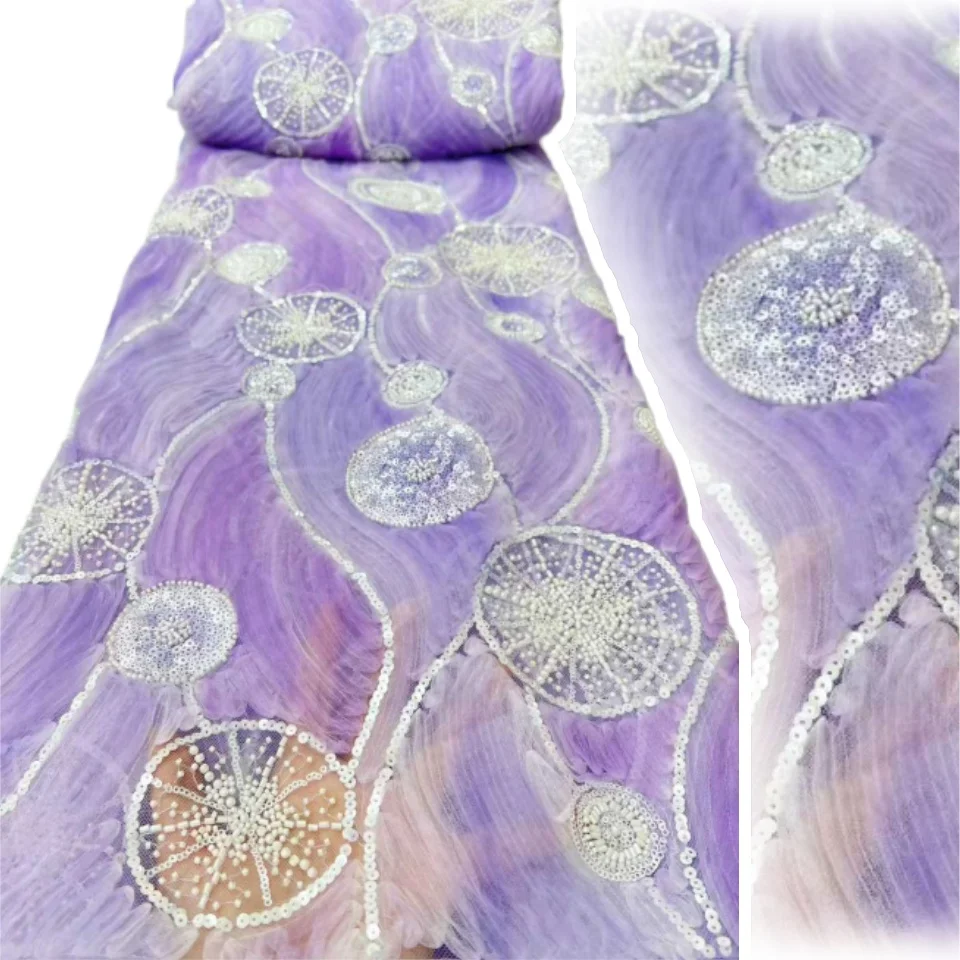 

African Sequins Lace Fabric 2025 High Quality Lace 3D Flower Embroidery Beads Mesh Fabric 5 Yards for Women Wedding Dress CC1397