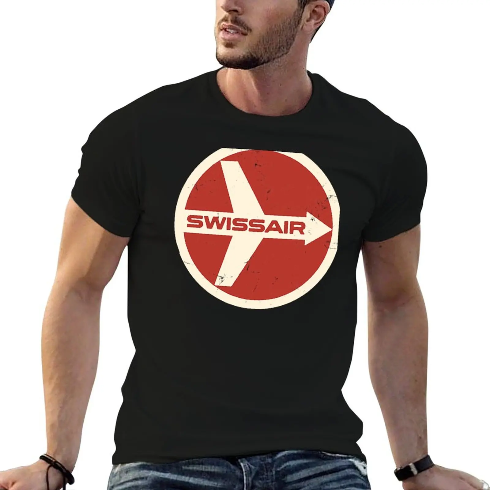Defunct Swissair Airlines Logo - Faded Vintage Style T-Shirt Work Style Casual T-Shirt
