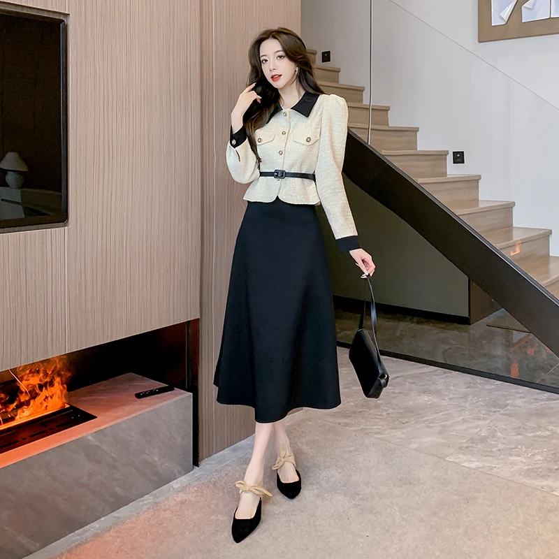 High Quality Autumn Winter Small Fragrance Vintage Belt 2 Peice Set Women Top Short Jacket Coat+Long Skirts Sets Fashion Suits