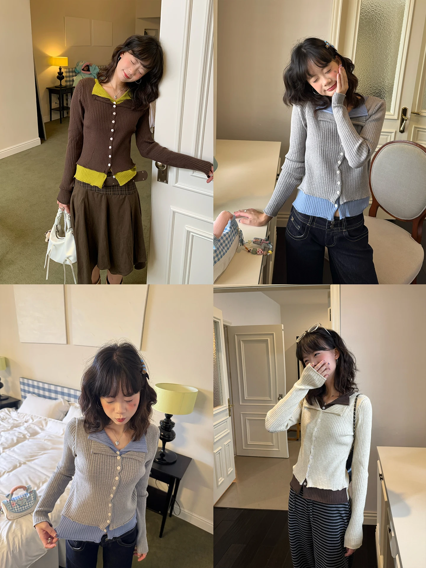 

FAN Soft And Slimming Color Blo Collar Knitwear Women's Faion Korean Sle Long Sve Cardigan Regular Fit Daily Wear