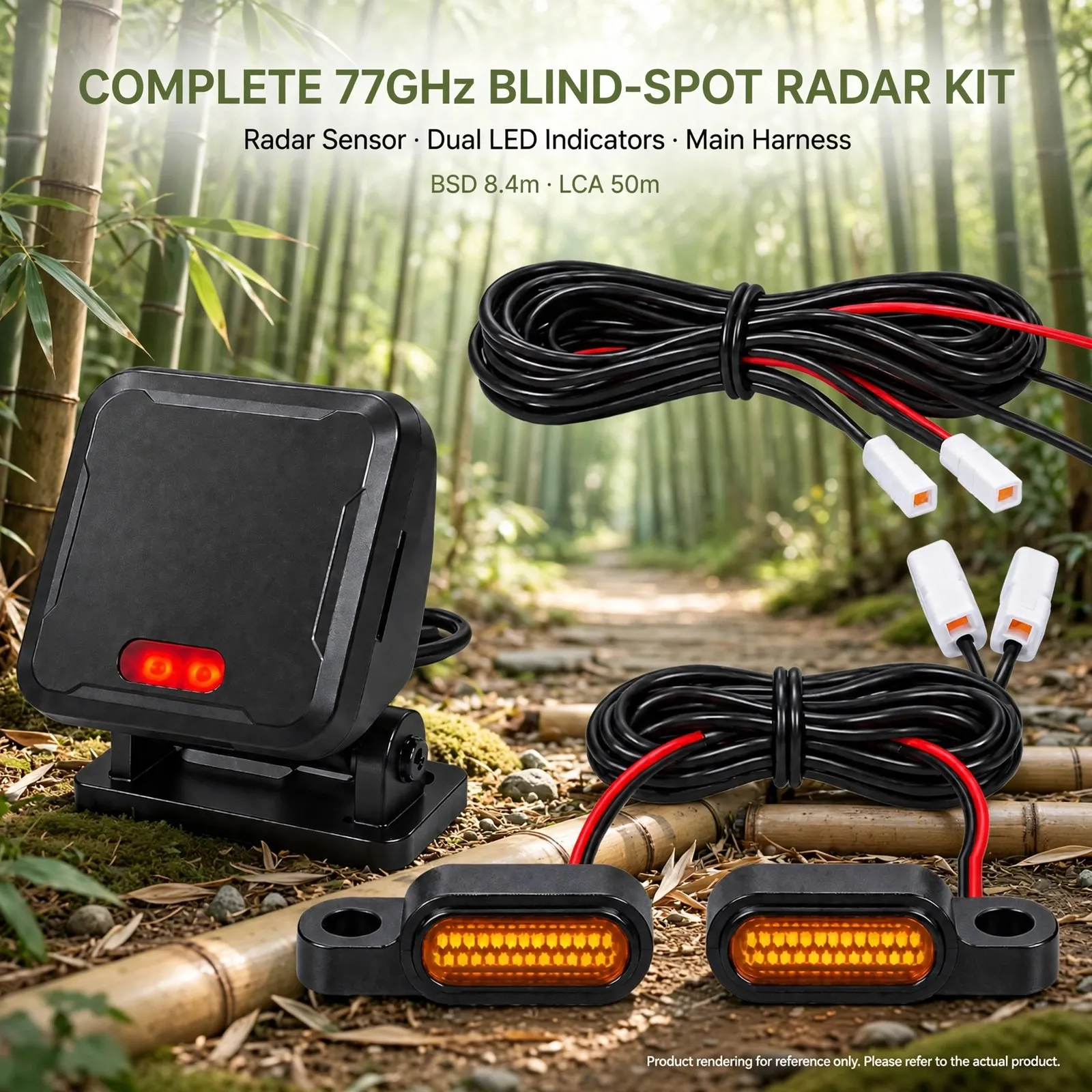 77GHz Motorcycle Blind Spot Monitoring Radar System with Dual LED Warning Indicators – Up to 70m Rear Detection, BSD 8.4m, LCA 5