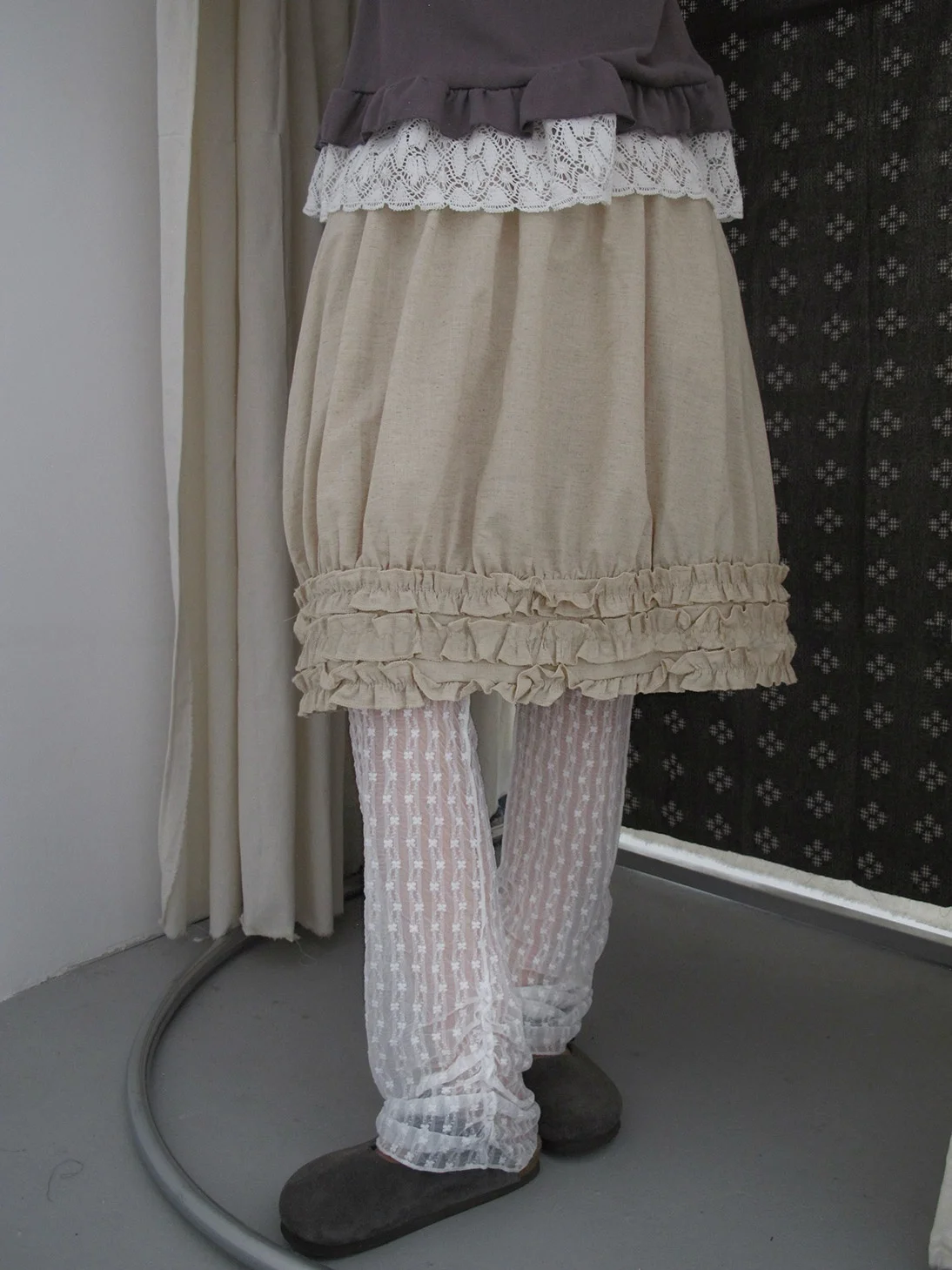 

Korean Style Purple Linen Texture Gathered Earlet Lace Half Skirt Layered Straight Tube Skirt Women's mid Waist Design
