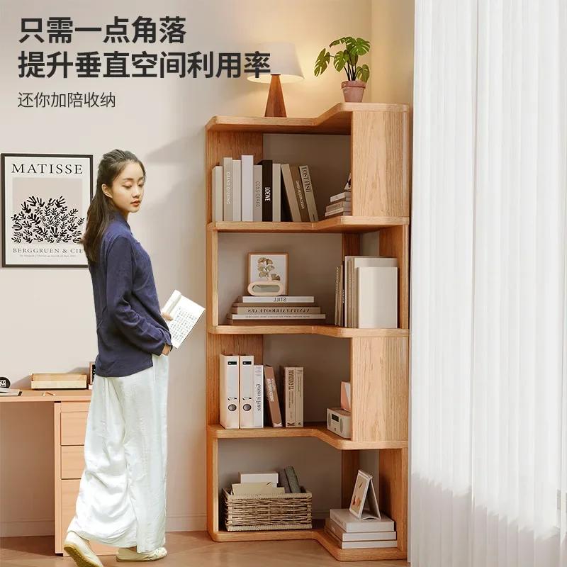 Solid Wood Corner Bookshelf Floor Ceiling Storage Rack Integrated Wall Facing Minimalist Style Bookshelf Home Corner Cabinet