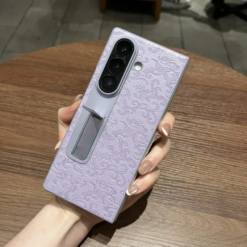 For Samsung Galaxy Z Fold 7 Case Fashion Flower Print Relief PU Leather Bracket Phone Cover For Galaxy Z Fold7 Shell Non-Slip