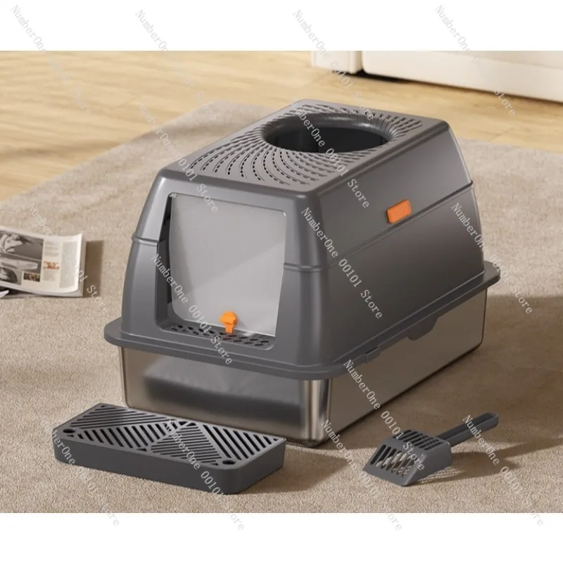 Enclosed Cat Litter Box Stainless Steel Large Size Deodorizing Anti Splash Easy Cleaning Cat Toilet Pet Supplies