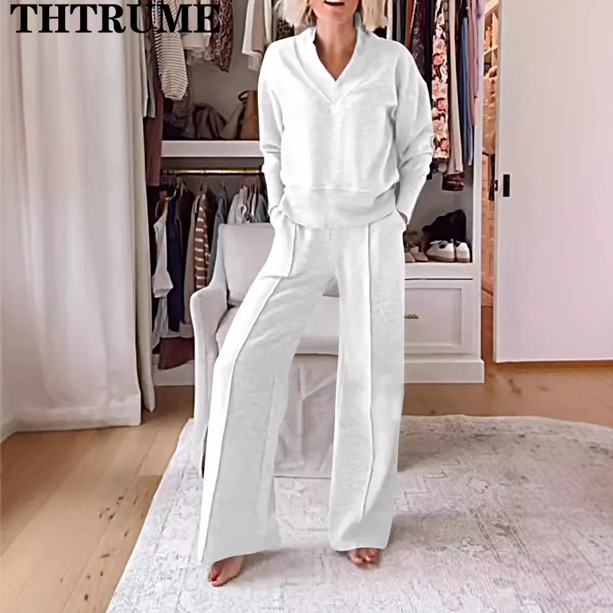 Elegant Women Solid Two Piece Sets Fashion V-Neck Autumn Long Sleeve Pullovers Tops Wide Leg Pants Outfits Casual New Streetwear