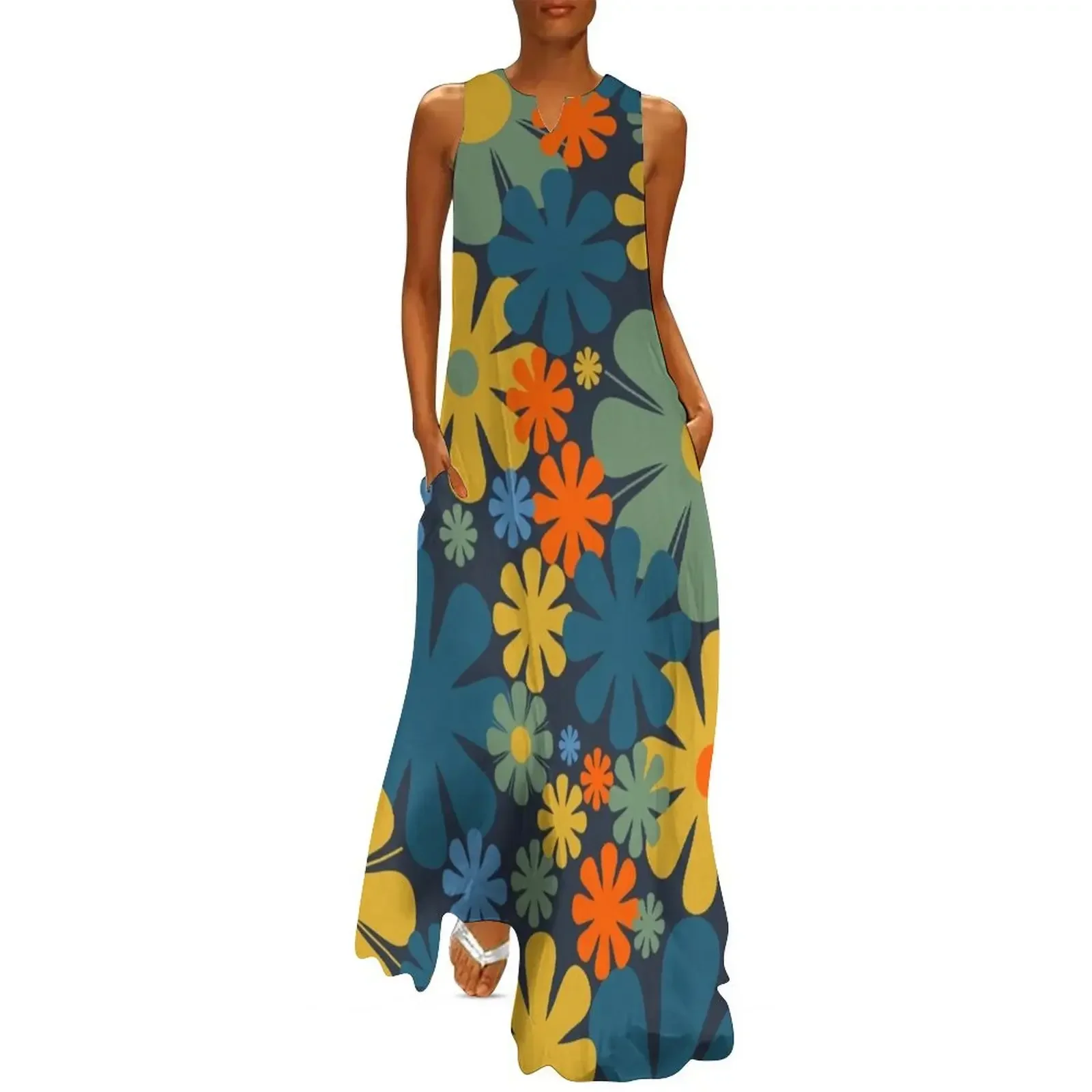 

Retro 60s 70s Aesthetic Floral Pattern Blue Green Mustard Orange Long Dress women long dresses Dress