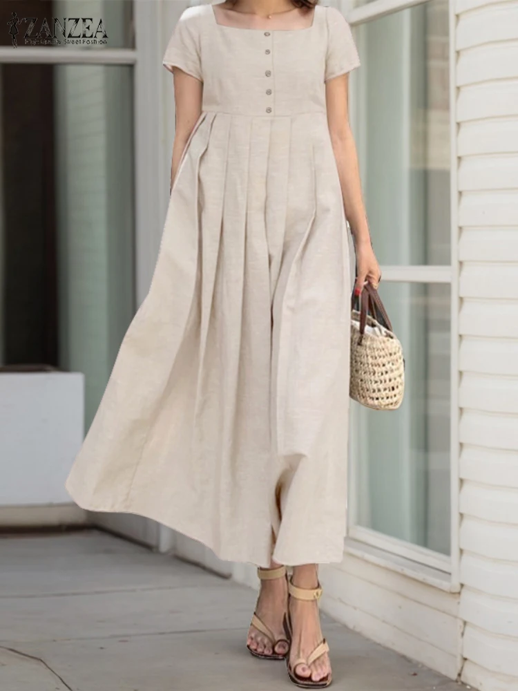 ZANZEA Mode Zomer Vierkante Hals Korte Mouw Jurk 2025 Vrouwen Elegante Partij Midi Zonnejurk Kaftan Casual Solid OL Werk vestidos