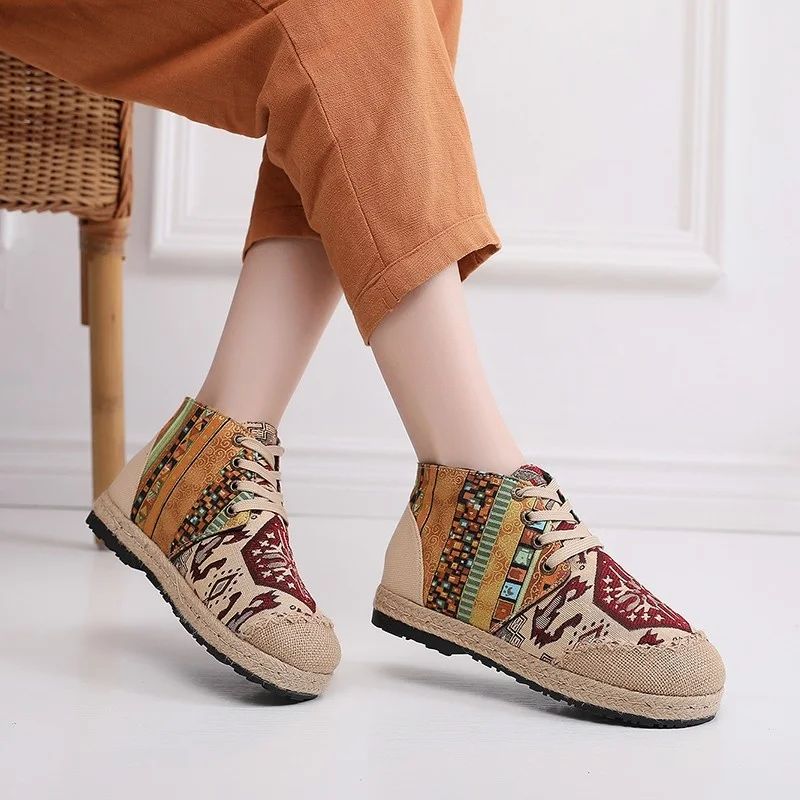 Women Shoes Boho Cotton Linen Canvas Single National Woven Round Toe Lace Up Cloth Shoes Woman Casual Flat Booties Shoes Size 40