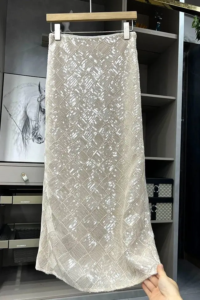 

European Style Heavy Sequin Skirt for Women Autumn High Waist Slim Fit A Line Bodycon Mermaid Maxi Skirt Luxury Fashion Piece