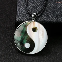 Natural Shell Yin Yang Bagua Round Necklace White Black Tai Ji Mother of Pearl Pendant Chinese Taoism Taoist Man Woman Jewelry