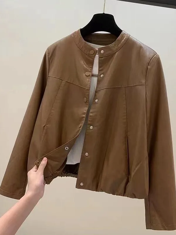 ort Lose Damen-Jaset-Mantel aus Leder, kleiner Biker-Mantel, lässig, mit Knöpfen verziert, Taille, PU-Leder, lang, Sve, rund, Ne