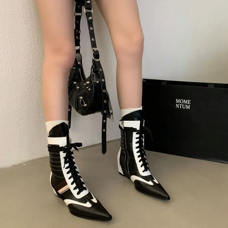 Retro Women Ankle Boot Fashion High Top Sneakers Luxury Pointed Tip Height Increasing Insoles Casual Shoes for Woman Botas Mujer