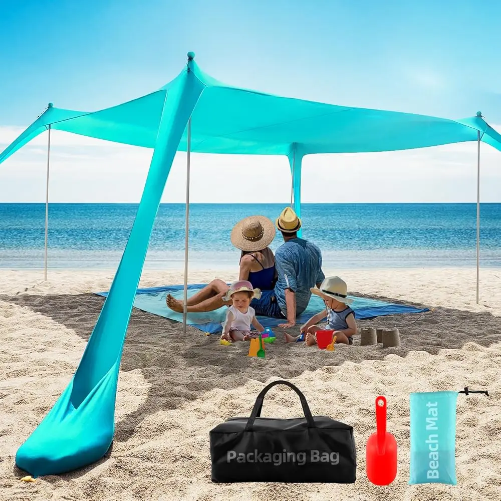 

Beach Tent Sun Shelter Upf50+, 10X10 Ft Family Beach Shade Canopy With 4 Aluminum Poles, Beach Blanket, Carrying Bag And Sand