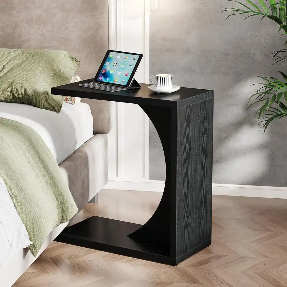 23.62 بوصة. مجموعة طاولة نهاية خشبية سوداء على شكل حرف C مكونة من 2، طاولة جانبية للأريكة للمساحة الصغيرة، طاولة أريكة للمكتب المنزلي #4