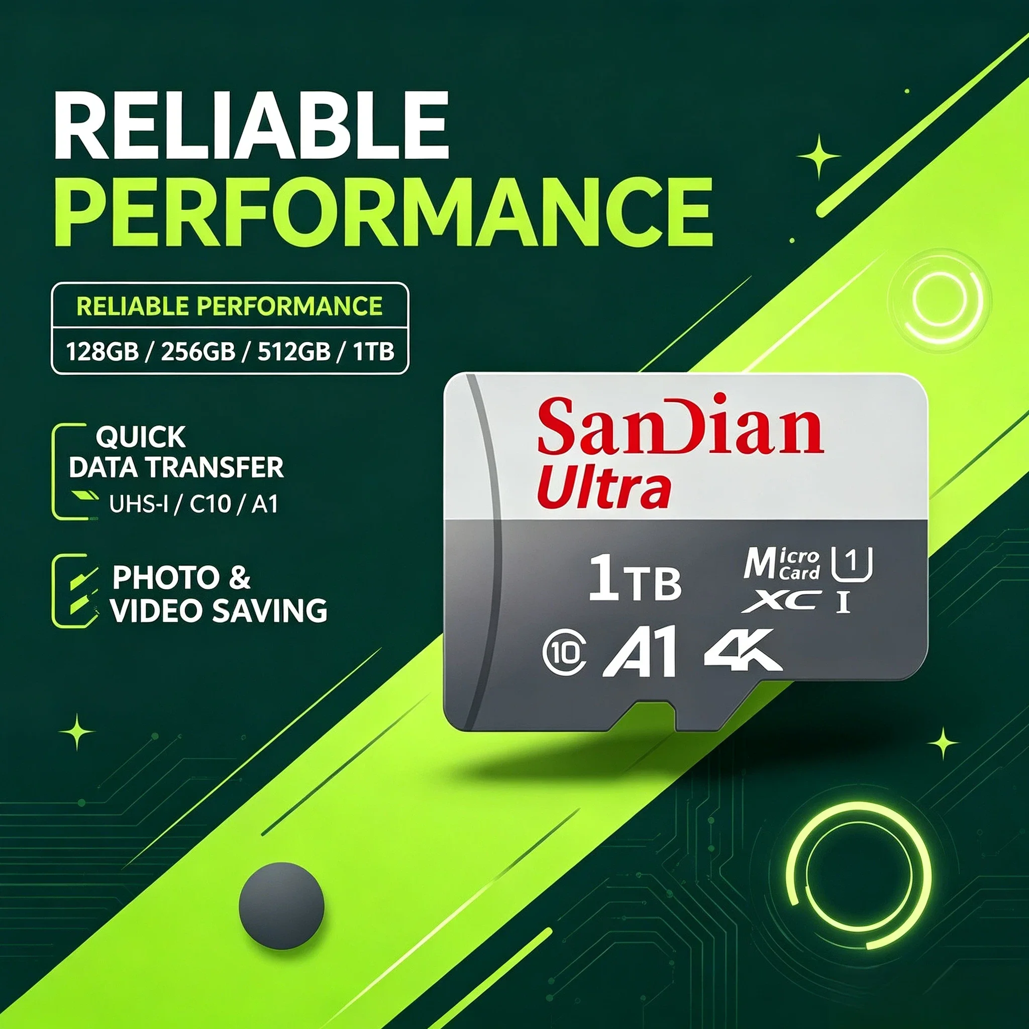 High Speed U1 A1 Class 10 Micro TF SD Card 4K UHD Memory with Adapter Reader for Drone Dash Cam Phone Tablet Camera Pro