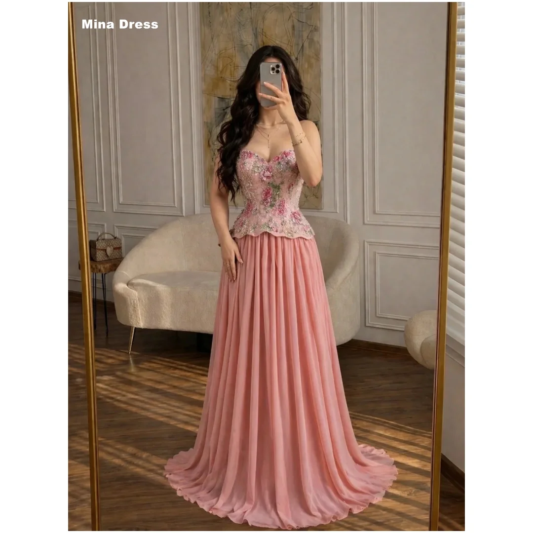 

Mina Customized Pink Women's Dress Sleeveless Evening Dresses for Special Occasions Flowers Best Selling Dresses Beads Sequins