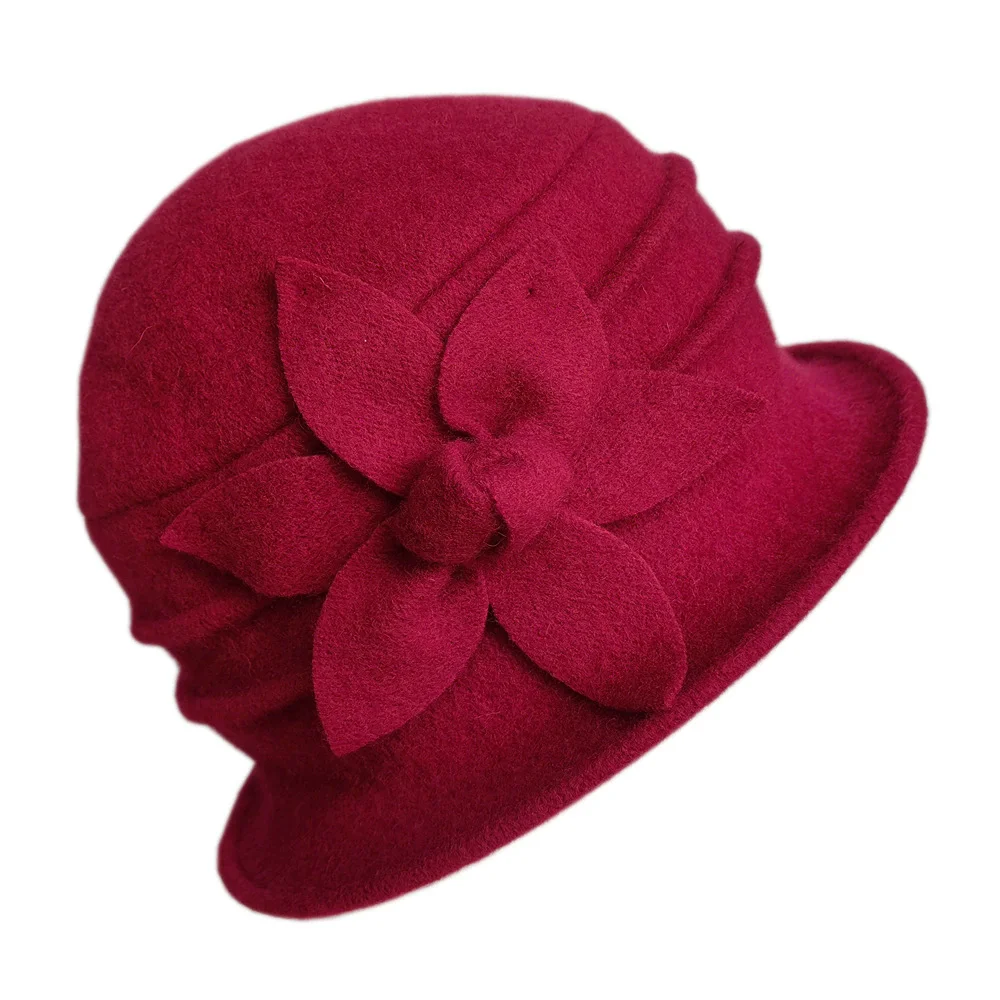 Fashion 100%  Wool Hat Women Female Warm Wool Fedora Lady Felt Beret Cap Woman Chic Flower Cloche Hat Mother Middle Aged Elderly