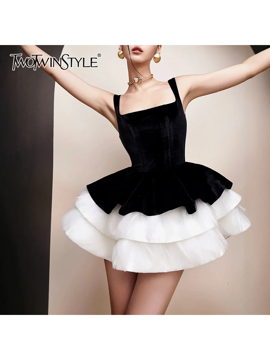 

TWOTWINSTYLE Hit Color Slimming Spliced Ruffles Velvet Dresses for Women Square Neck Sleeveless High Waist Mini Dress Female New