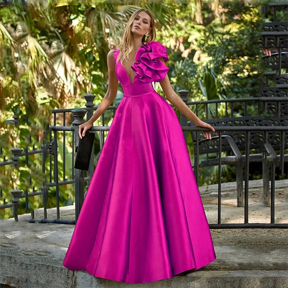 

Fuchsia A Line Prom Gowns Satin Draped Long Women Party Dresses Formal Prom Evening Dress Special Occasion Outfits Customized