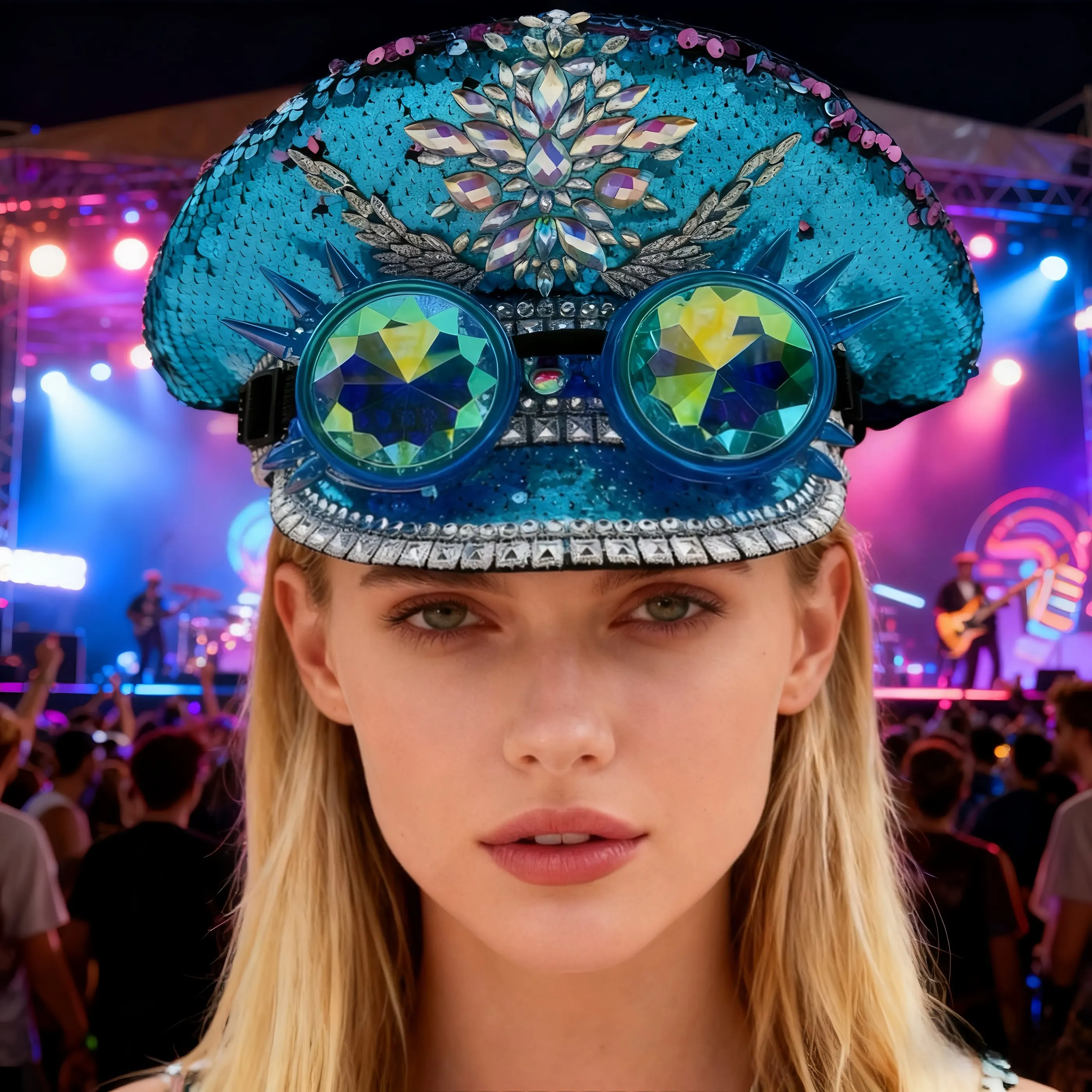 

Steampunk Captain Hat Rhinestone with Goggles for Burning Man Festival Woman, Military Accessories & Cap for Man