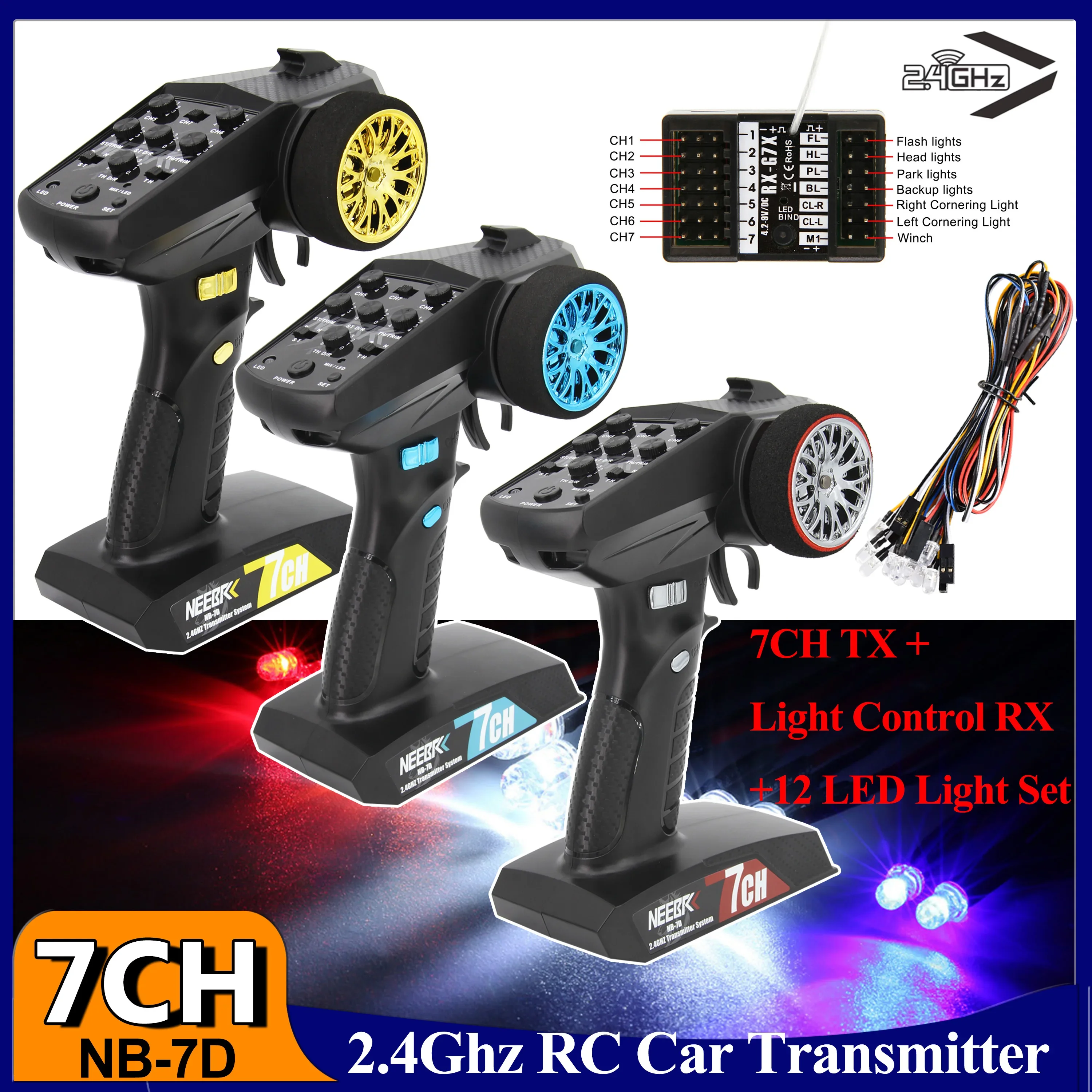 NEEBRC 7CH Transmitter Light Control Receiver Remote Controller w/ 12 LED Light Set for RC Car Tank Boat Toys DumboRC Radiolink