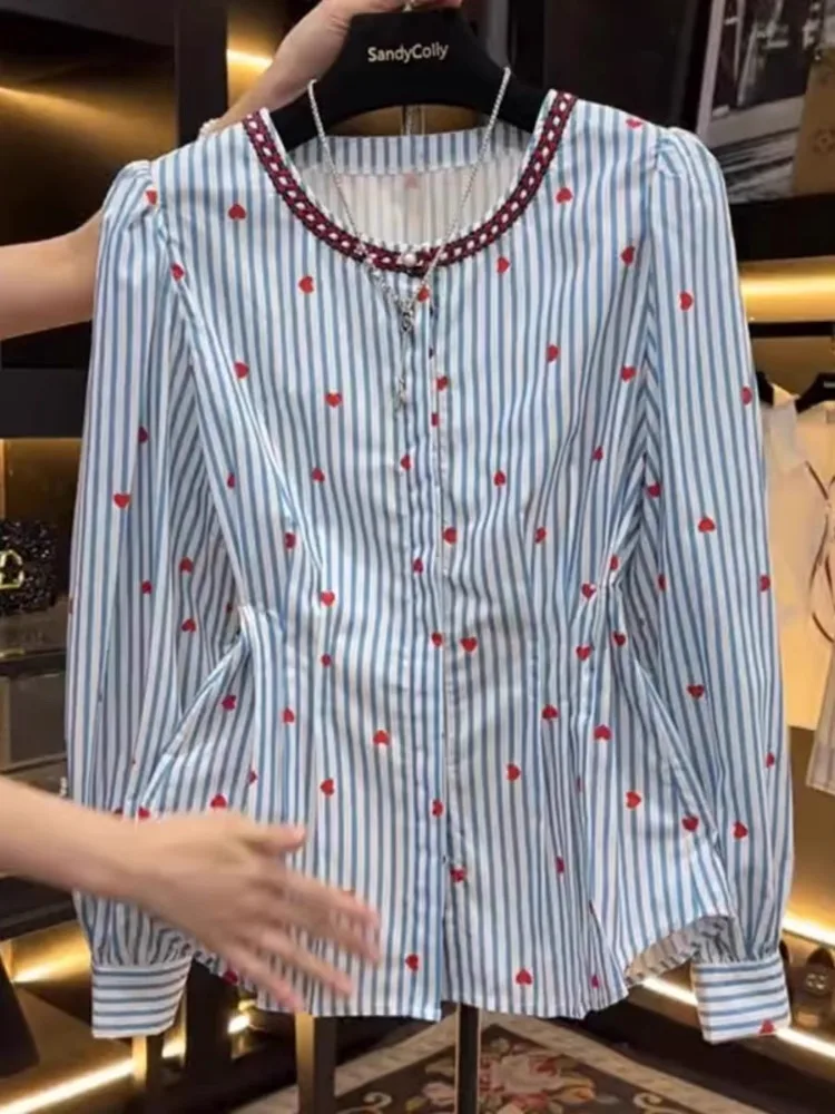 

British Retro Small-waist Blouse Cute Heart Full Printed Blue Striped Button Up Shirts Long Sleeve O-neck Tops Elegant Women