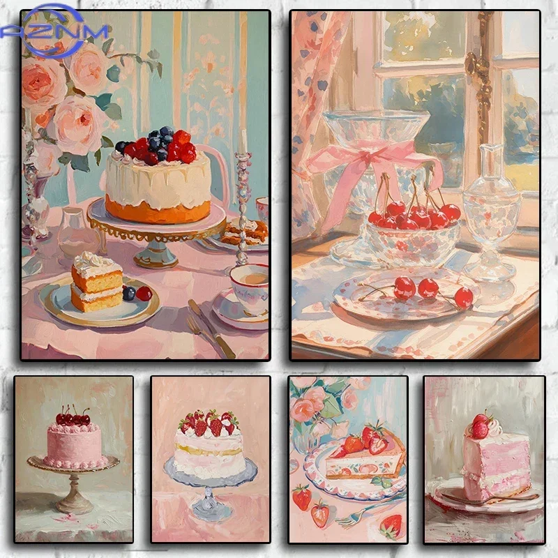 Vintage Sweet Cherry Cake Food Illustration Canvas Wall Art Home Decor Picture