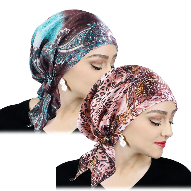 2PCS/LOT Popular Satin Printed Three-Comered Hat Women Fashion Pre-Tie Headscarf Comfortable Turban Cap Durag Wrap Head Hats