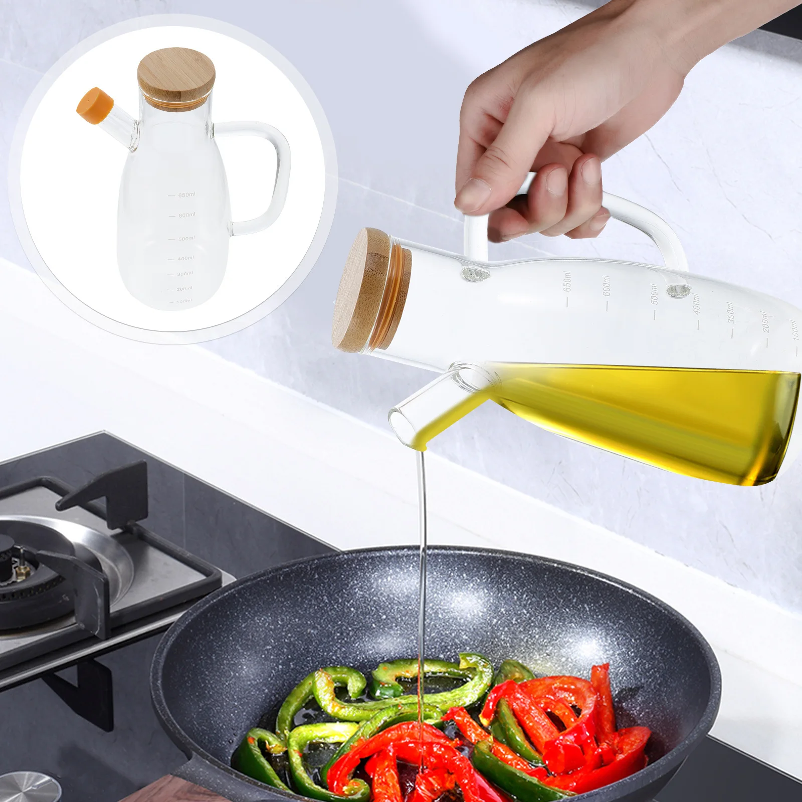 

Bamboo Lid Oil Bottle Glass Seasoning Dispenser For Kitchen Cooking Home Restaurant Clear Multipurpose Sauce Vinegar