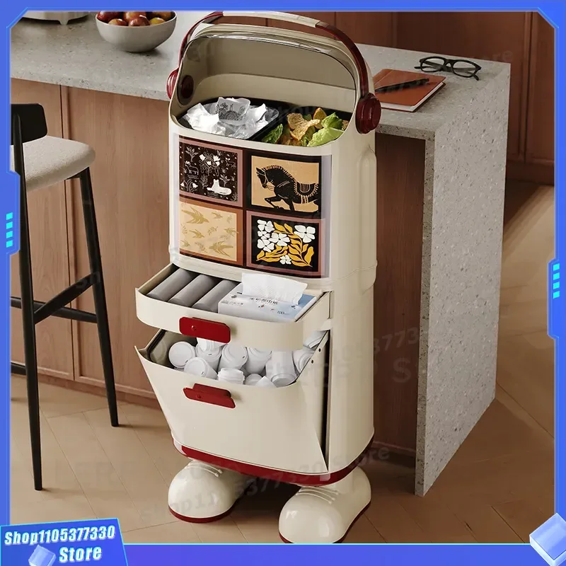 Vintage Style Large Capacity Kitchen Trash Can Vertical Multi Layer Dry Wet Separation Movable Flip Lid Food Waste Bin for