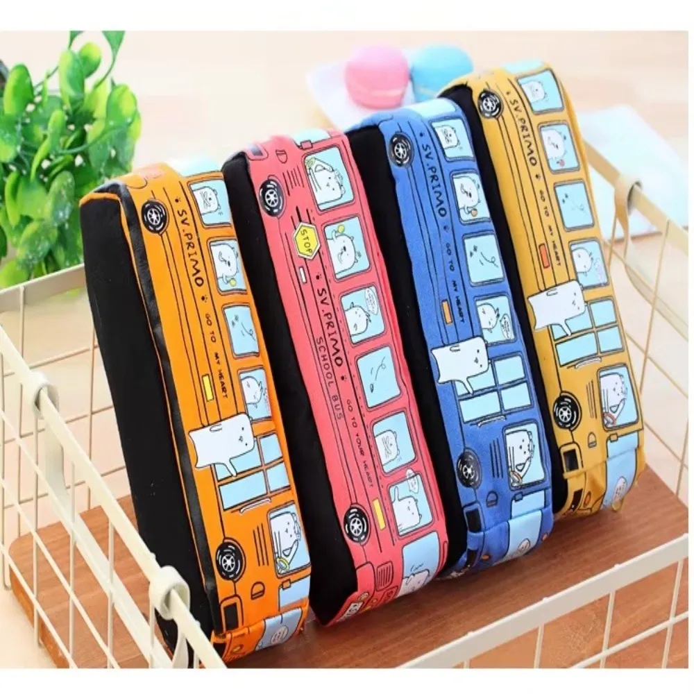 Large Capacity School Bus Pencil Case Zipper Closure Creative Design Stationery Box Cartoon Pattern Canvas Material Pen Bag