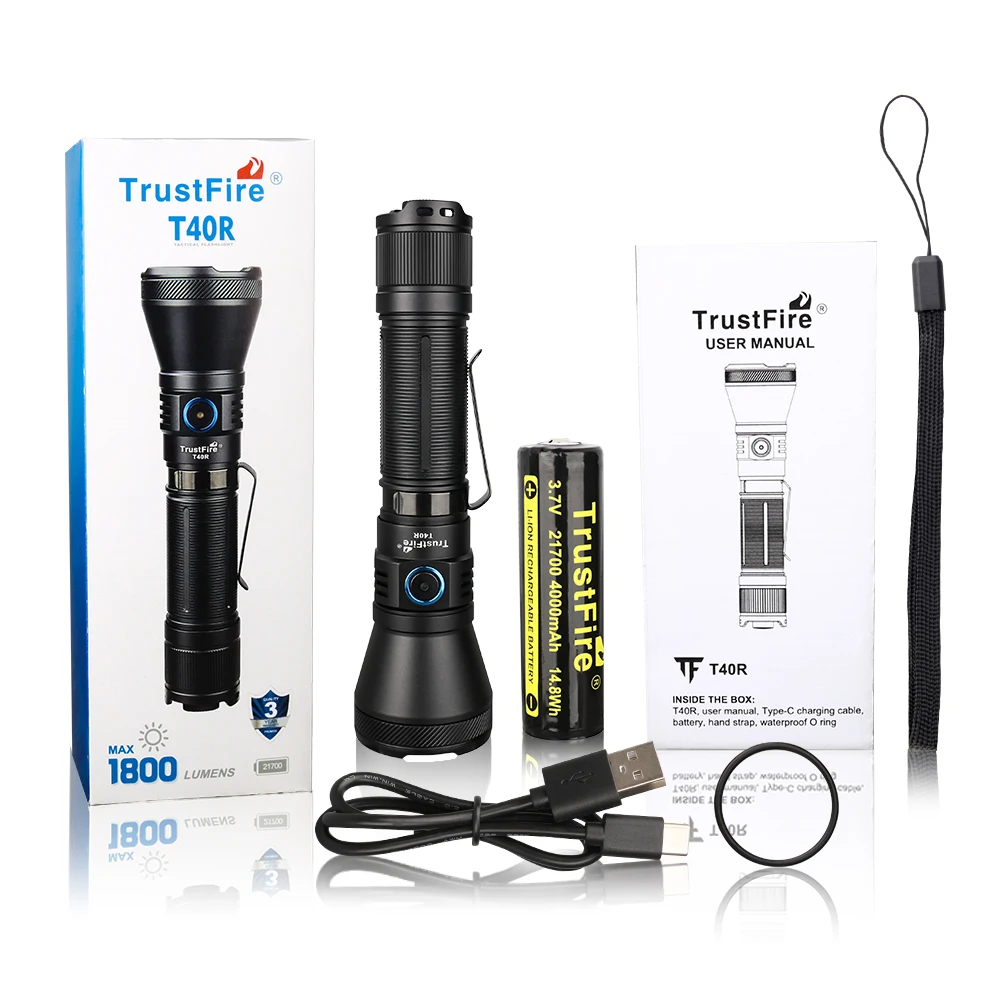 Trustfire-T40R Portable Tactical Flashlight, Rechargeable Lamp, LED Torch, USB Charging, Self-defense, Outdoor Camping, 1800LM