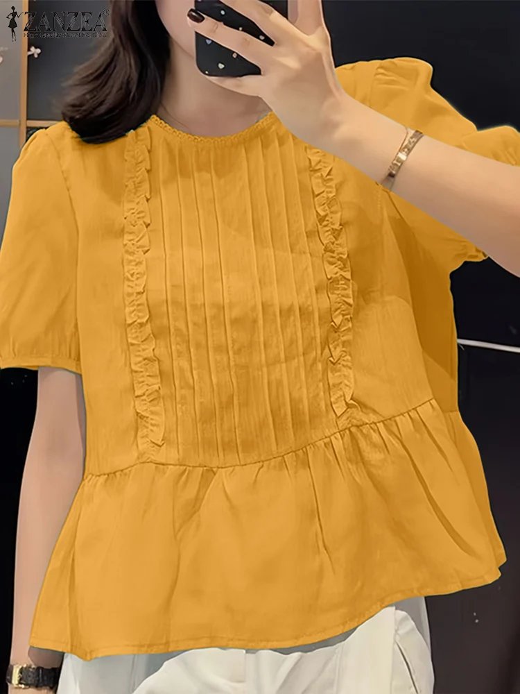 

Лето 2022, офисные плиссированные рубашки ZANZEA, стильные женские блузки, элегантные однотонные рабочие рубашки с короткими рукавами, Blusas Mujer, женские топы с круглым вырезом
