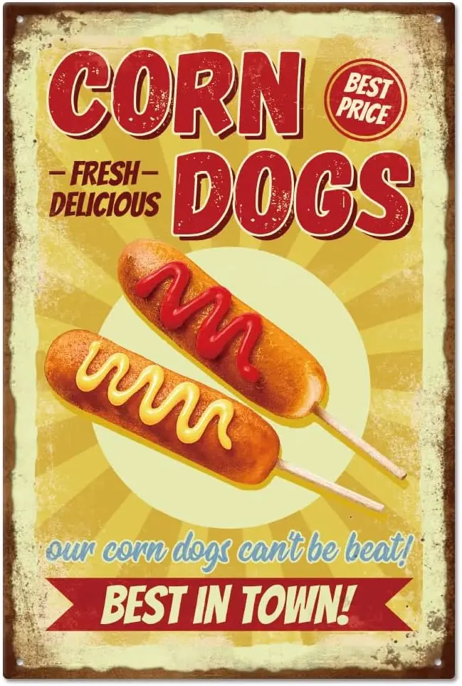 GLOBLELAND Vintage Corn-Dogs Tin Sign Fast Food Tin Sign Funny Metal Tin Sign Wall Decor Tin Painting Tin Signs 12×8inch fo sign