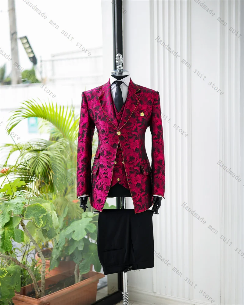 

Красный мужской костюм с цветочным принтом, комплект из 2 предметов: пиджак + жилет + брюки, роскошный свадебный смокинг, пальто, официальная офисная деловая куртка, брюки по индивидуальному заказу