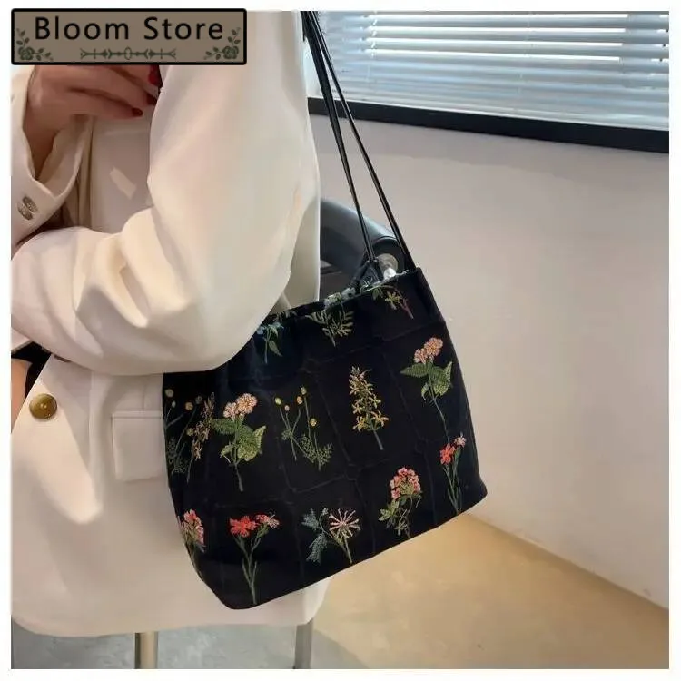 

Bloom Floral Embroidery Black Shoulder Bags Women Vintage Casual Canvas Bag Purses Female Fairycore Haruku Aesthetic Handbag