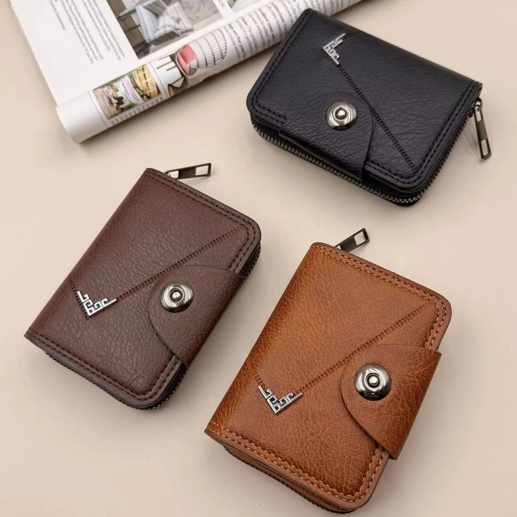 Multifunktionaler Kartenhalter Vintage Kleine Geldbörse für Damen und Herren Geschäfts-Bank-Kreditkartenetui Modische Münzbörse PU-Leder Reißverschluss-Geldbeutel
