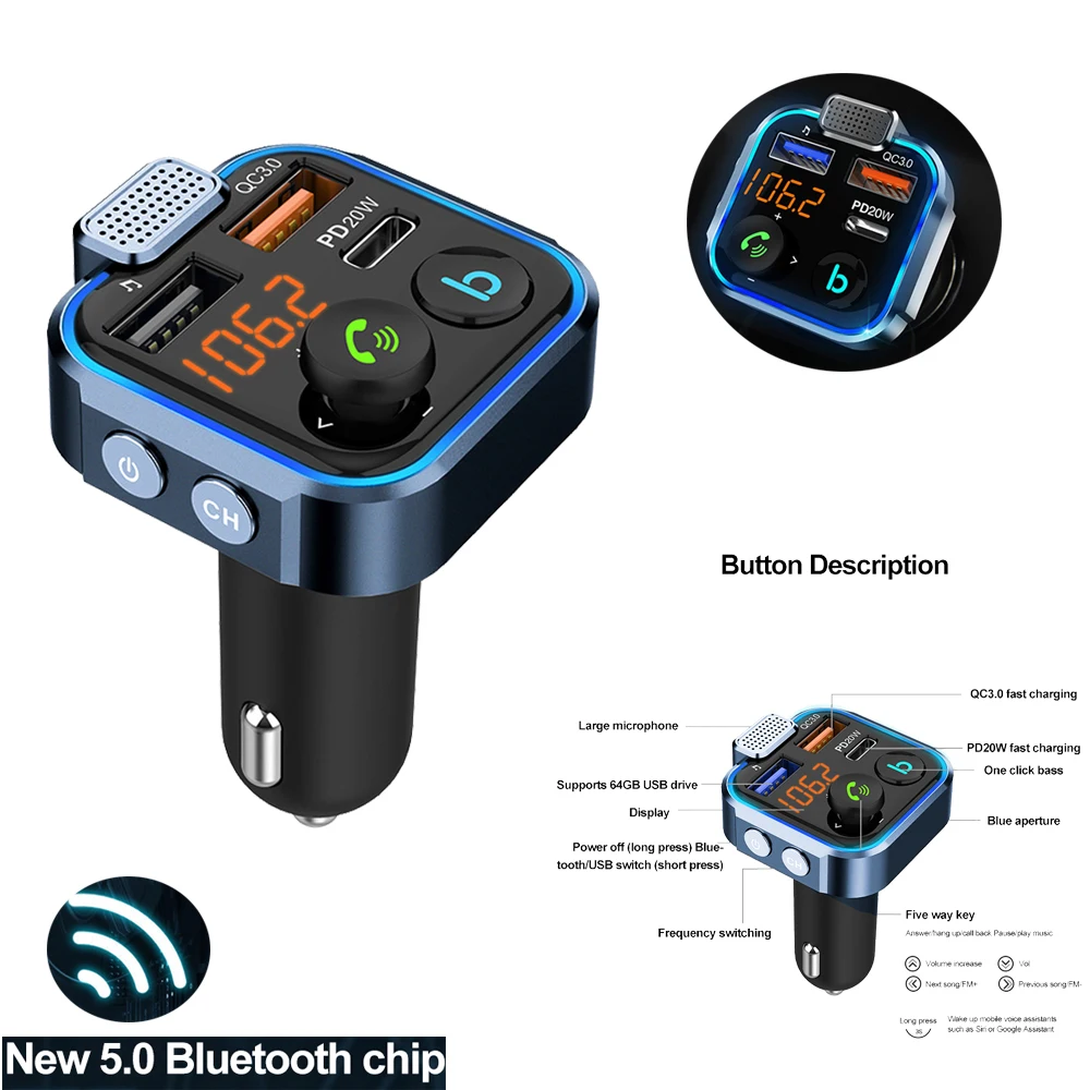 Car Bluetooth 5.0 FM Transmitter Car MP3 Player Large Microphone QC3.0 PD20W Dual USB Fast Charger Car Electronics Accessories