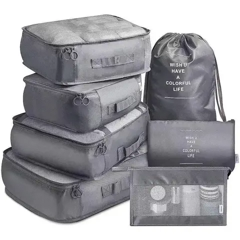 7Pcs 접는 여행 주최자 보관 가방 옷장 큐브 가방 포장 세트 보관 수하물 의류 신발 상자