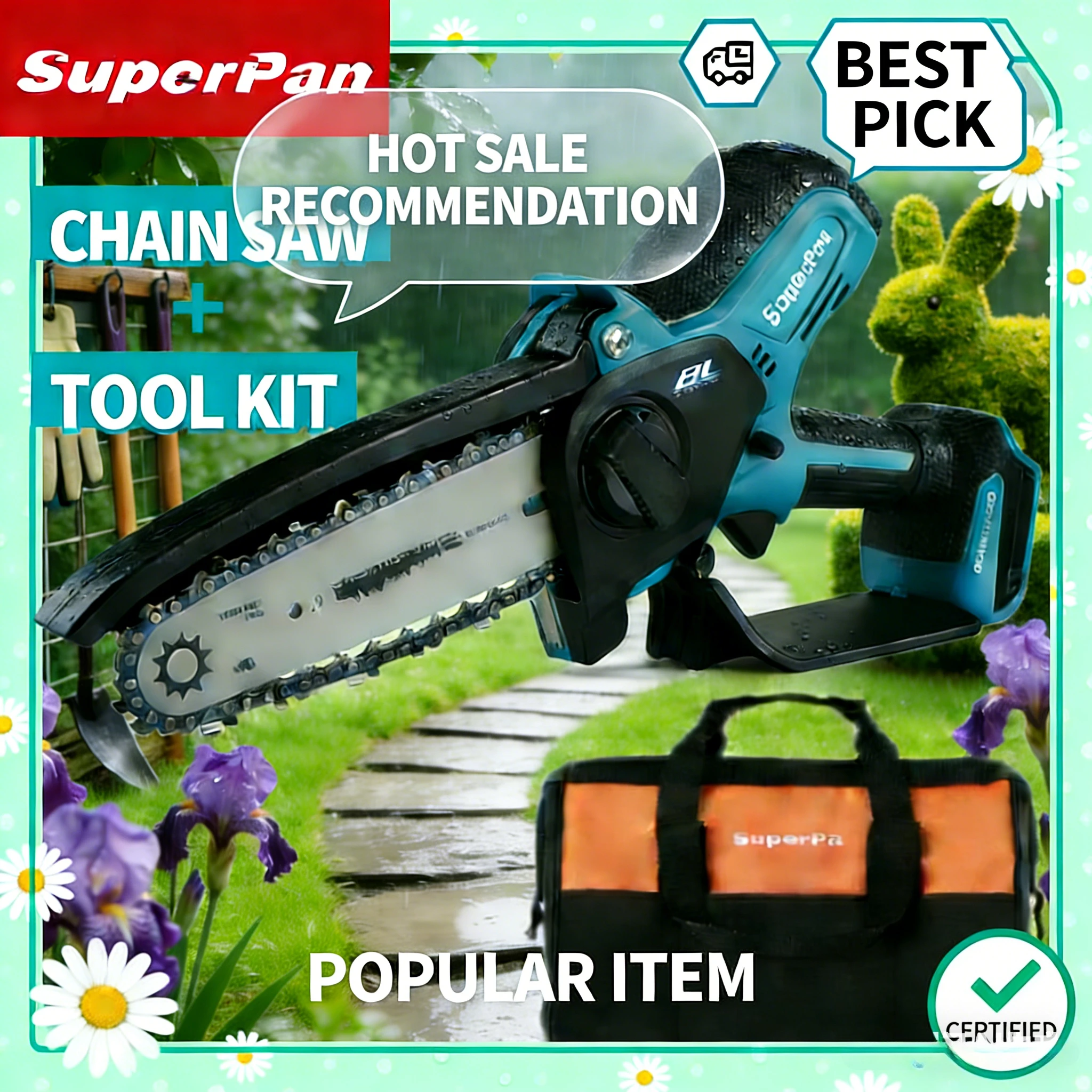 

SuperPan electric chain saw Portable Cordless Wood Saw 420MM 80TXL Chain for Garden Trimming for makita 18V battery pin