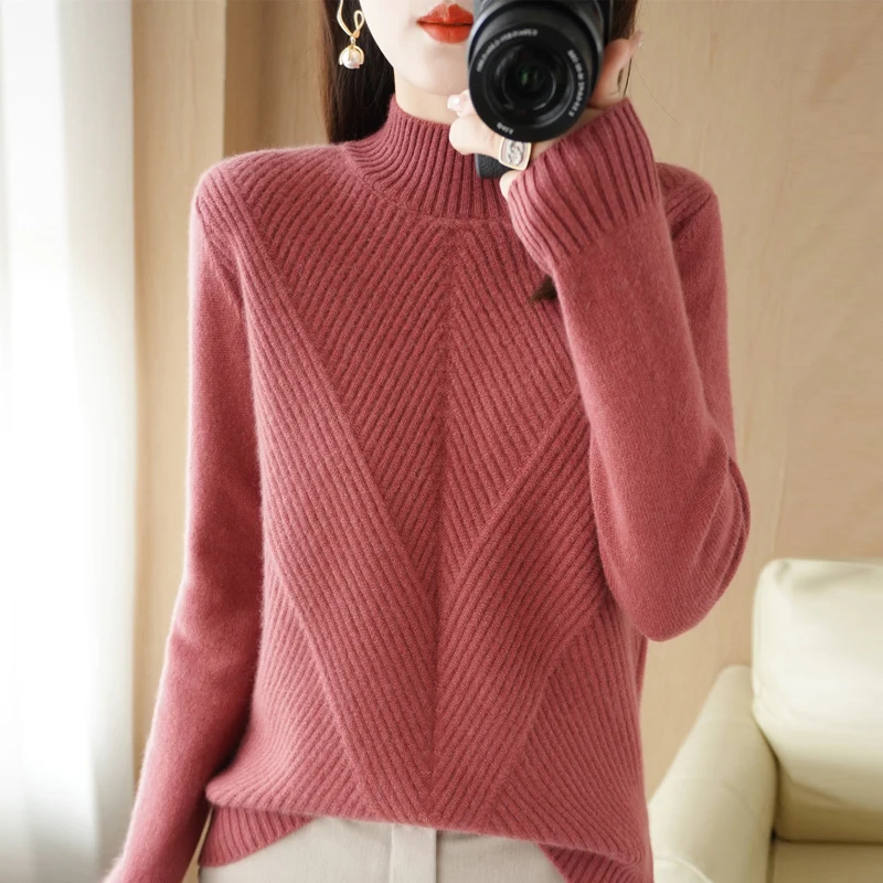 Autumn Winter New Cashmere Sweater Women Keep Warm Half high collar Pullovers Knitting Sweater Fashion Long Sleeve Loose Tops