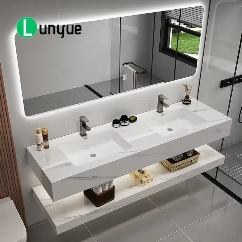 Modern Double Sink Bathroom Vanity Cabinet with Rock Slab Top Seamless Integrated Basins Light Luxury Wall Mounted Storage
