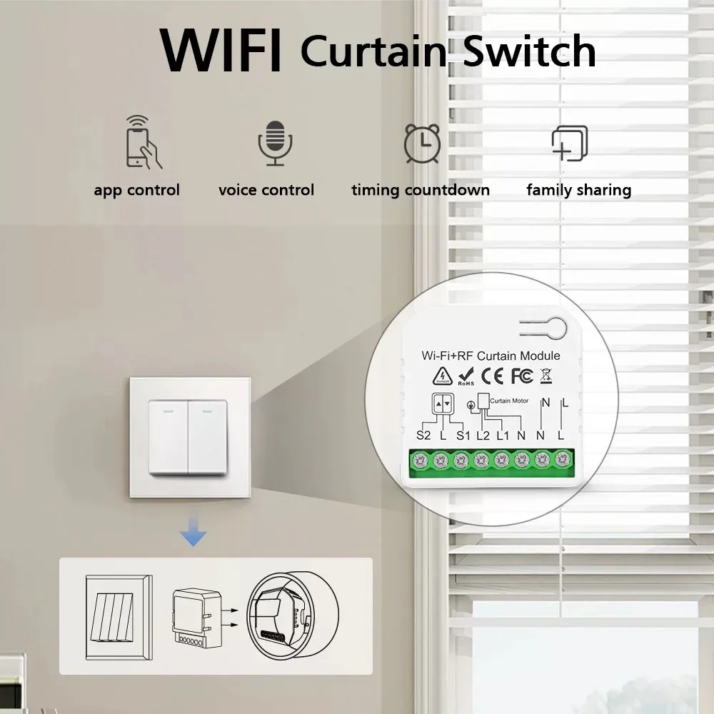Tuya Smart Home WiFi Module Wireless Remote Control Voice Control Switch RF433mhz for Garage Roller Shutter Blinds Curtain 110V
